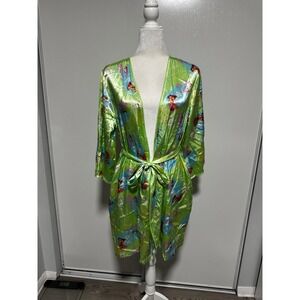 Kathryn Geisha Pagoda Print Satin Robe Lime Green Asian Inspired Kimono Small